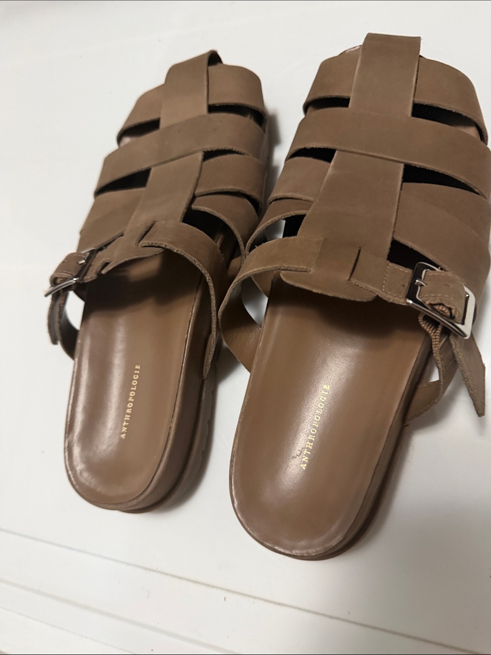 Anthropologie Tan Brown Woven Leather Slide Mules
